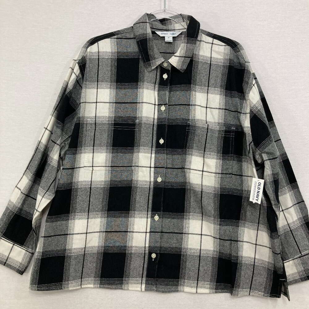 New Old Navy XL the Boyfriend Shirt Black White Plaid Relaxed Button Up